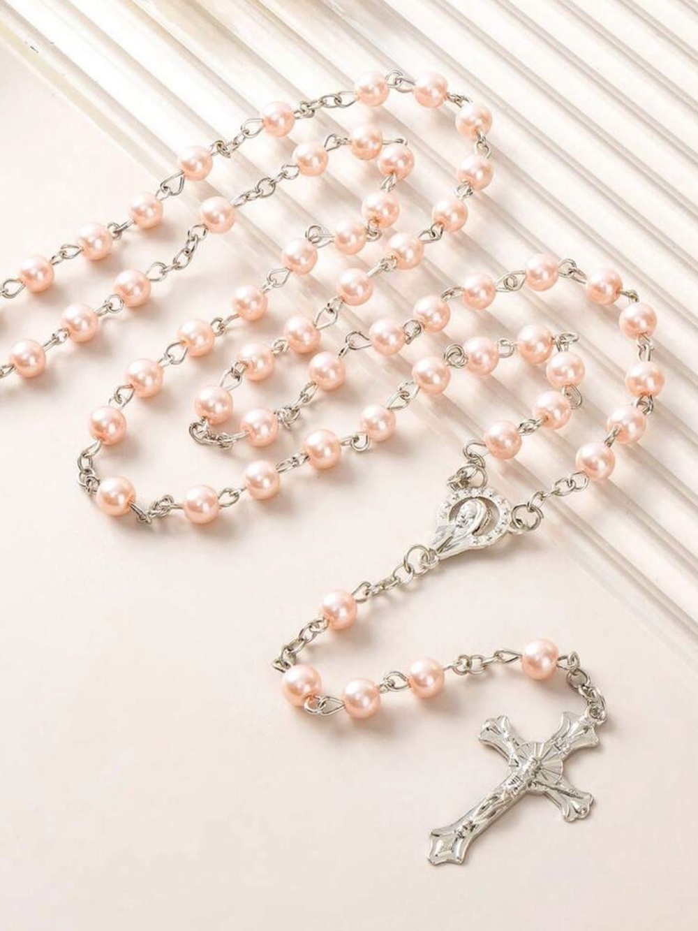 Pink Rosary Necklace with Silver Cross, Baby Pink Rosary, Pink Cross Necklace